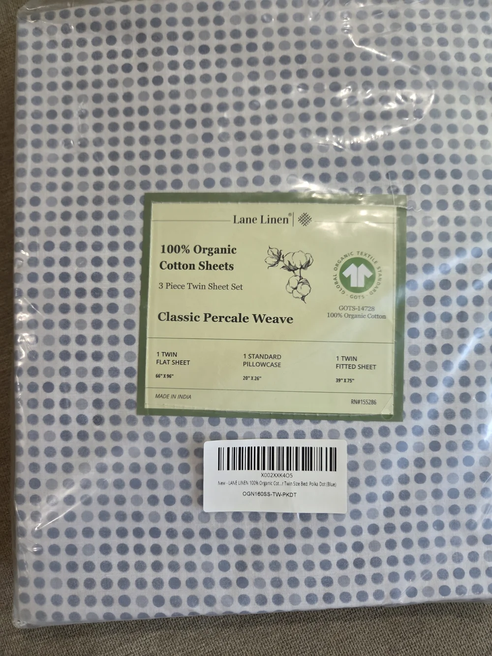100% Organic Cotton Twin Sheet Set in Blue Dot